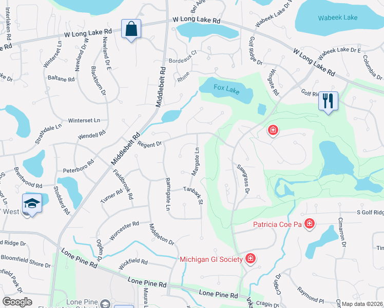 map of restaurants, bars, coffee shops, grocery stores, and more near 2167 Coach Way Court in Bloomfield Hills