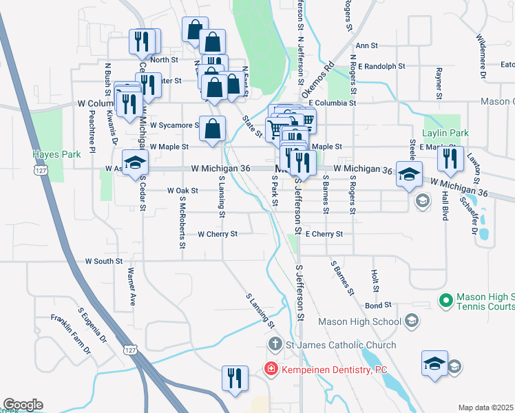 map of restaurants, bars, coffee shops, grocery stores, and more near 226 W Elm St in Mason