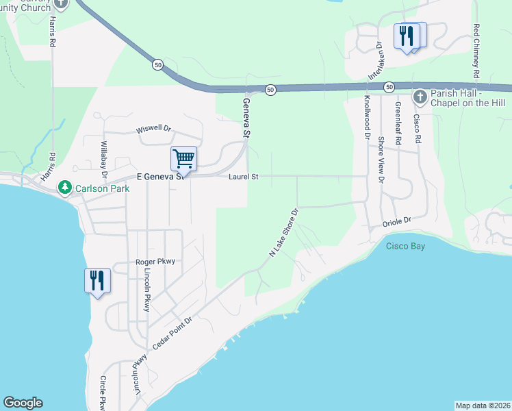 map of restaurants, bars, coffee shops, grocery stores, and more near W4447 Laurel Street in Lake Geneva