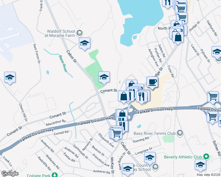 map of restaurants, bars, coffee shops, grocery stores, and more near 29 Conant Street in Beverly