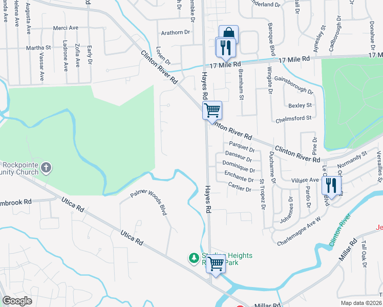 map of restaurants, bars, coffee shops, grocery stores, and more near 38183 Hayes Road in Sterling Heights