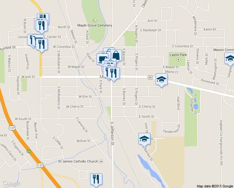 map of restaurants, bars, coffee shops, grocery stores, and more near 115 East Elm Street in Mason