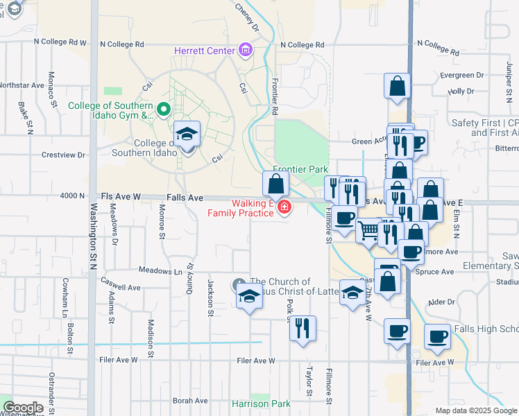 map of restaurants, bars, coffee shops, grocery stores, and more near 526 Falls Avenue in Twin Falls
