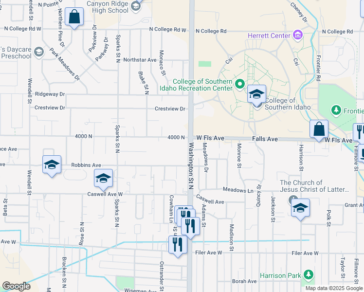 map of restaurants, bars, coffee shops, grocery stores, and more near 115 Falls Avenue West in Twin Falls