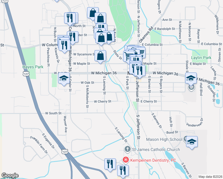 map of restaurants, bars, coffee shops, grocery stores, and more near 318 W Elm St in Mason