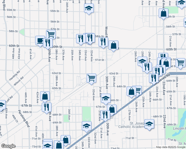 map of restaurants, bars, coffee shops, grocery stores, and more near 6245 32nd Avenue in Kenosha