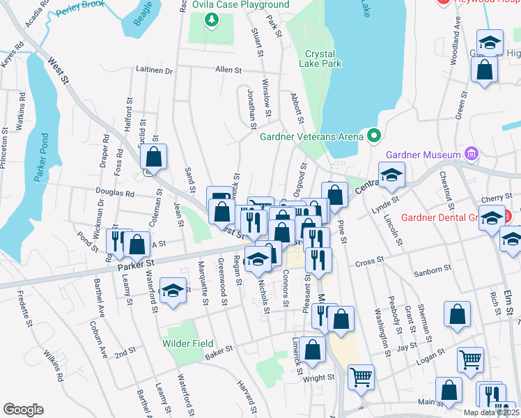 map of restaurants, bars, coffee shops, grocery stores, and more near 23 Oriole Street in Gardner