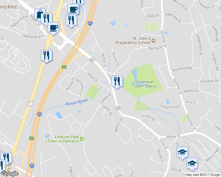 map of restaurants, bars, coffee shops, grocery stores, and more near 345 Maple Street in Danvers