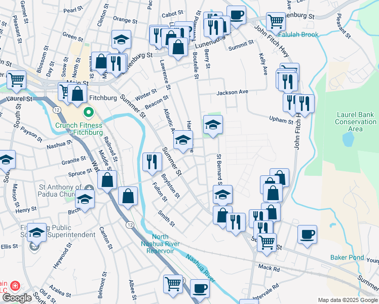 map of restaurants, bars, coffee shops, grocery stores, and more near 156 Harrison Avenue in Fitchburg