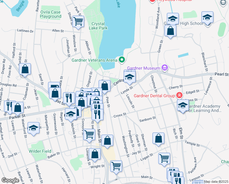 map of restaurants, bars, coffee shops, grocery stores, and more near 186 Central Street in Gardner