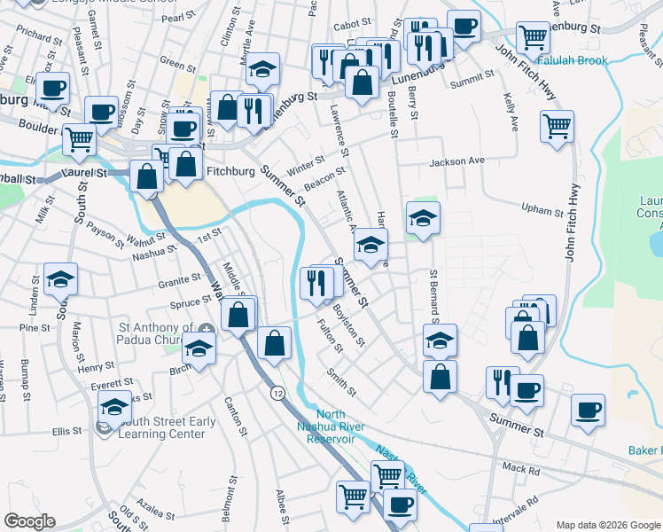 map of restaurants, bars, coffee shops, grocery stores, and more near 114 Summer Street in Fitchburg