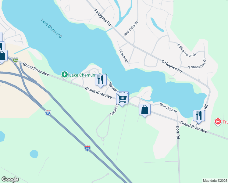 map of restaurants, bars, coffee shops, grocery stores, and more near 5475 East Grand River Road in Howell