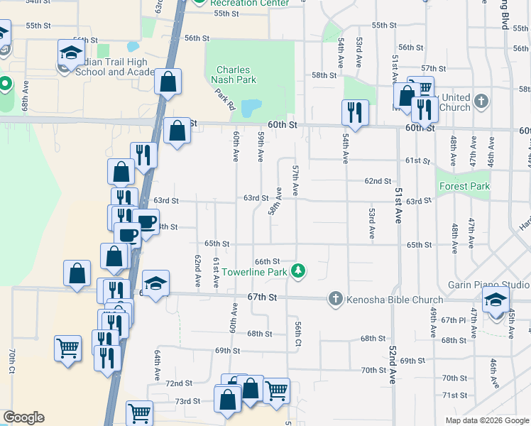 map of restaurants, bars, coffee shops, grocery stores, and more near 6324 58th Avenue in Kenosha
