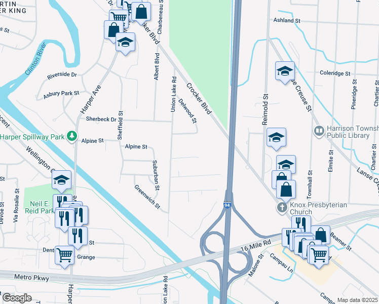 map of restaurants, bars, coffee shops, grocery stores, and more near 24655 Regal Place in Harrison Township