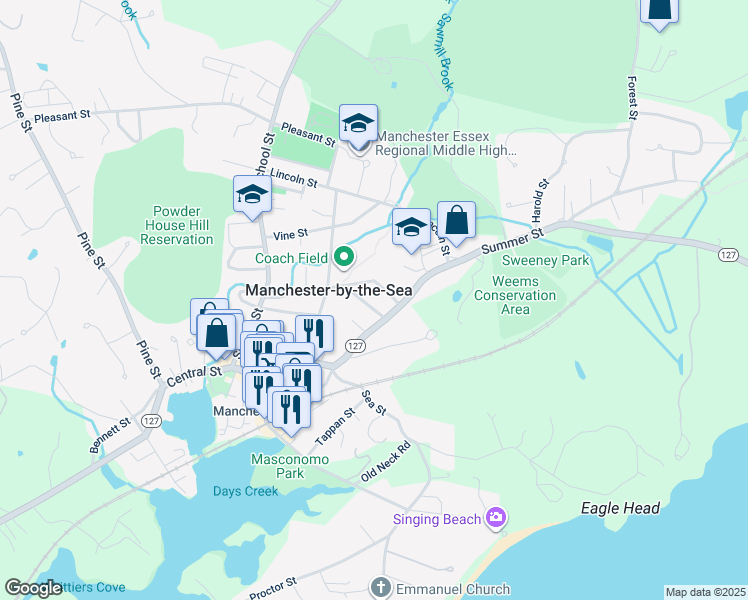 map of restaurants, bars, coffee shops, grocery stores, and more near 7 1 Allen Avenue in Manchester-by-the-Sea