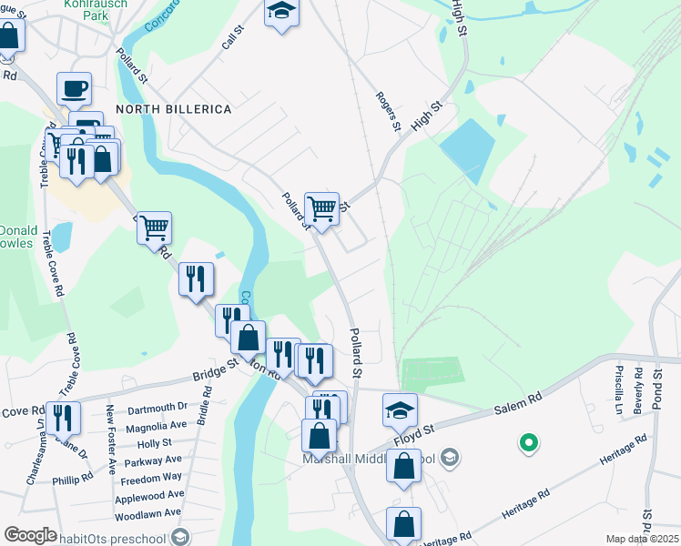 map of restaurants, bars, coffee shops, grocery stores, and more near 154 Pollard Street in Billerica