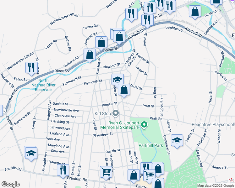 map of restaurants, bars, coffee shops, grocery stores, and more near 19 Chester Street in Fitchburg