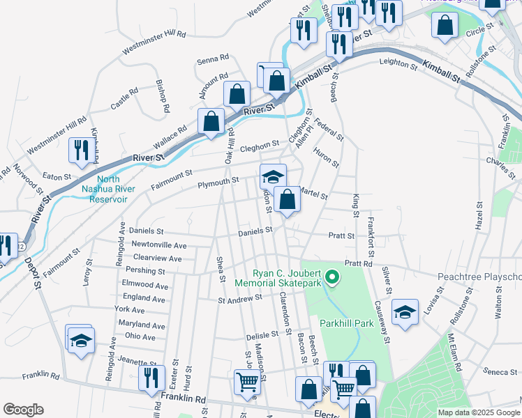map of restaurants, bars, coffee shops, grocery stores, and more near 19 Chester Street in Fitchburg
