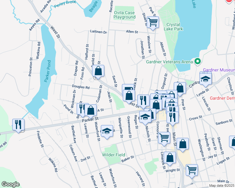 map of restaurants, bars, coffee shops, grocery stores, and more near 127 Massachusetts 68 in Gardner