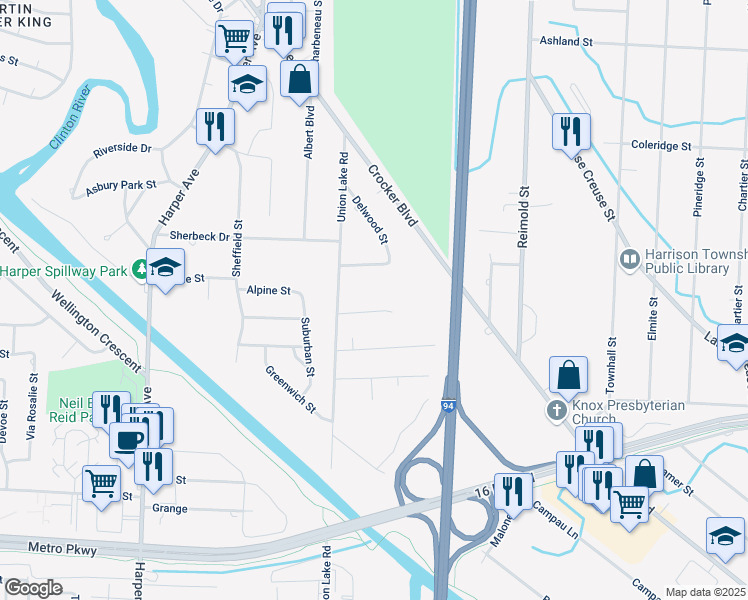 map of restaurants, bars, coffee shops, grocery stores, and more near 24655 Regal Place in Harrison Township