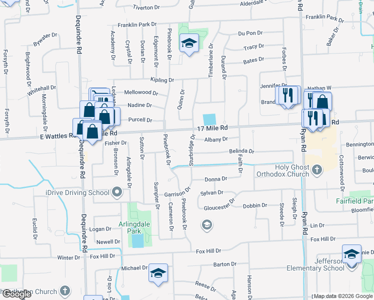 map of restaurants, bars, coffee shops, grocery stores, and more near 38921 Sturbridge Drive in Sterling Heights
