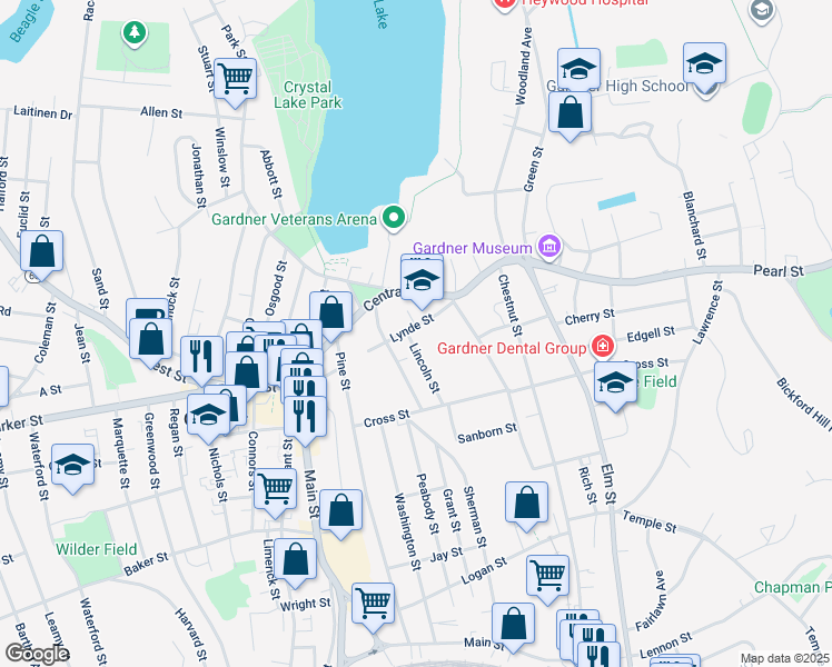 map of restaurants, bars, coffee shops, grocery stores, and more near 74 Lynde Street in Gardner