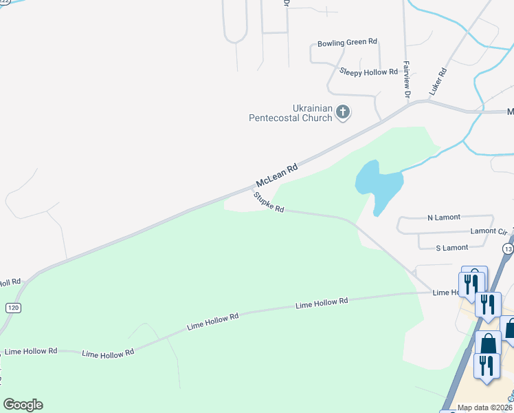 map of restaurants, bars, coffee shops, grocery stores, and more near 634 McLean Rd in Cortland
