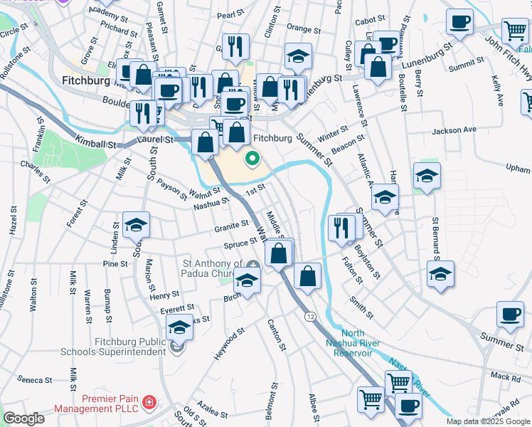 map of restaurants, bars, coffee shops, grocery stores, and more near 29 Middle Street in Fitchburg