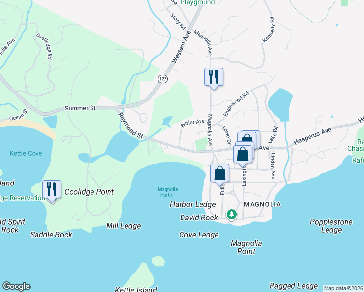 map of restaurants, bars, coffee shops, grocery stores, and more near 42 Raymond Street in Manchester-by-the-Sea