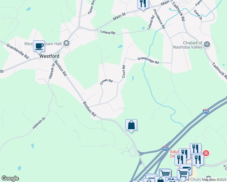 map of restaurants, bars, coffee shops, grocery stores, and more near 20 Crown Road in Westford