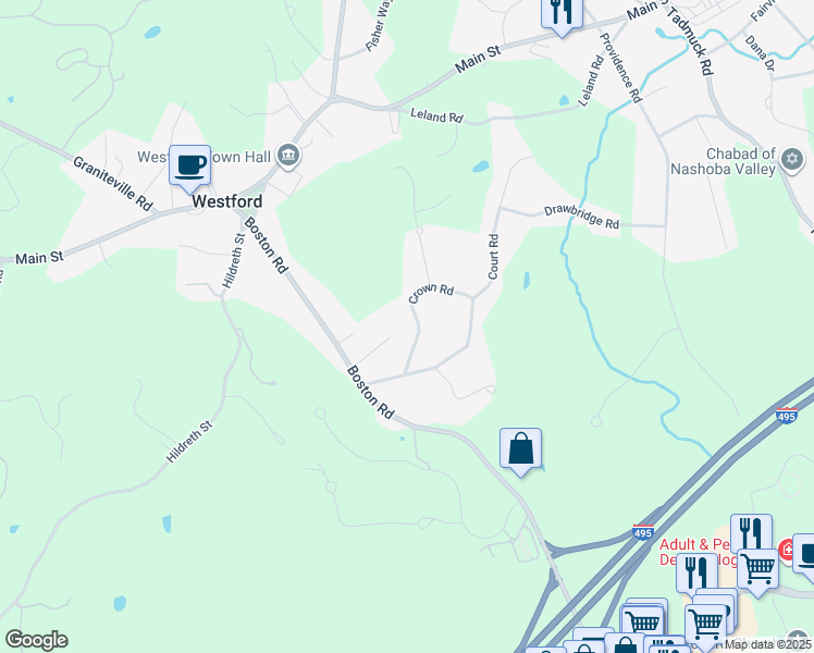 map of restaurants, bars, coffee shops, grocery stores, and more near 4 Mamie Lane in Westford
