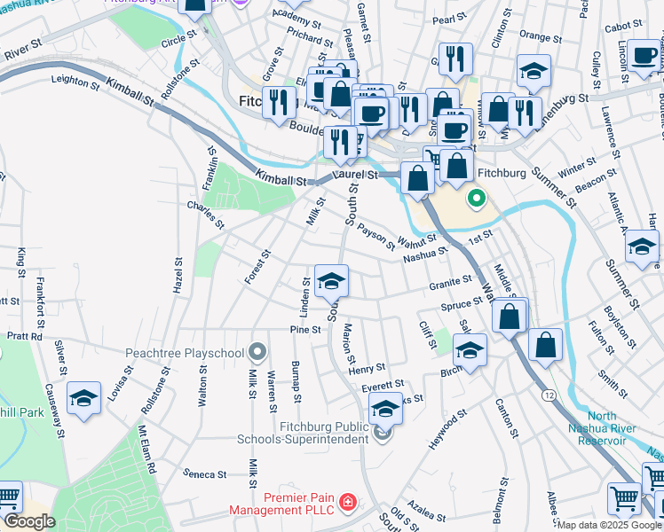 map of restaurants, bars, coffee shops, grocery stores, and more near 68 Charles Street in Fitchburg