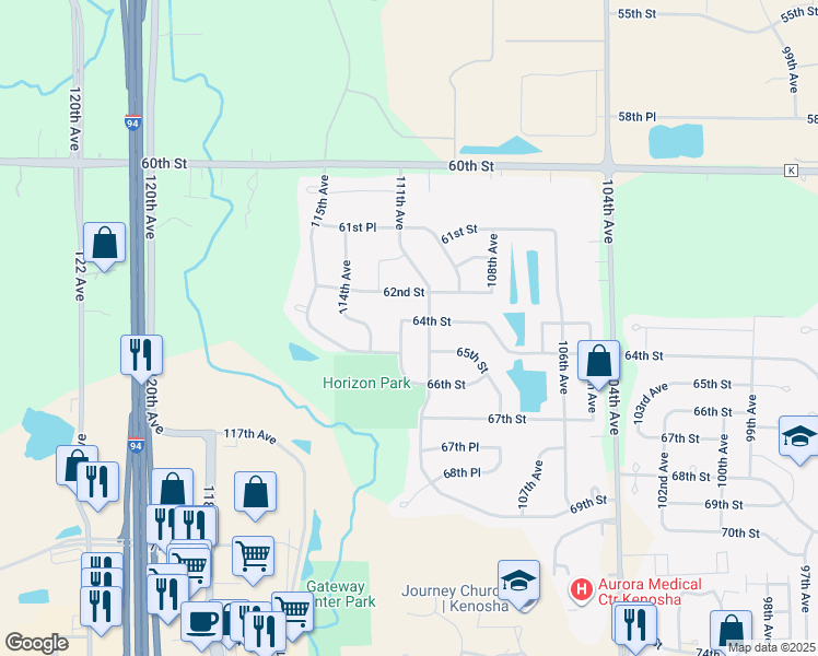 map of restaurants, bars, coffee shops, grocery stores, and more near 6401 112th Avenue in Kenosha