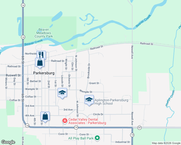 map of restaurants, bars, coffee shops, grocery stores, and more near 214 Brookside Drive in Parkersburg