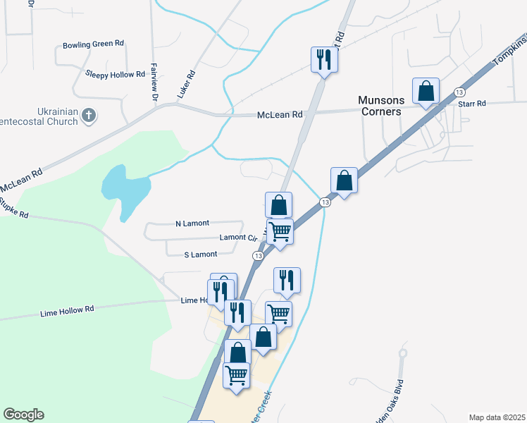 map of restaurants, bars, coffee shops, grocery stores, and more near 3533 New York 281 in Cortland