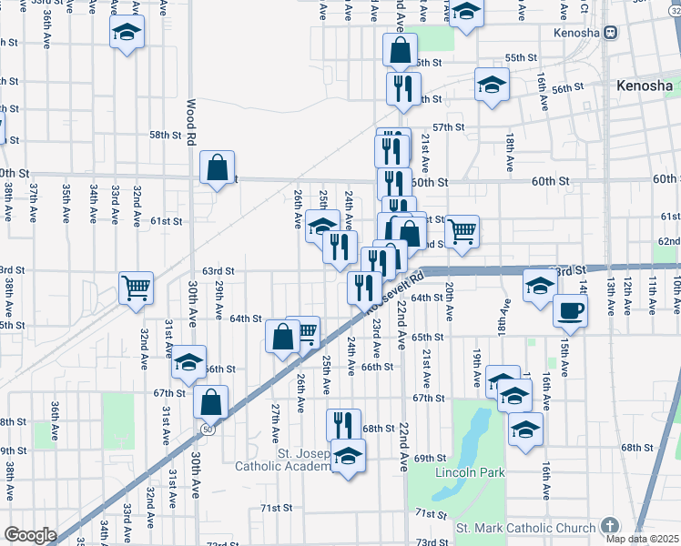 map of restaurants, bars, coffee shops, grocery stores, and more near 2407 63rd Street in Kenosha