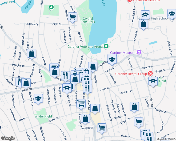 map of restaurants, bars, coffee shops, grocery stores, and more near 11 Richmond Street in Gardner