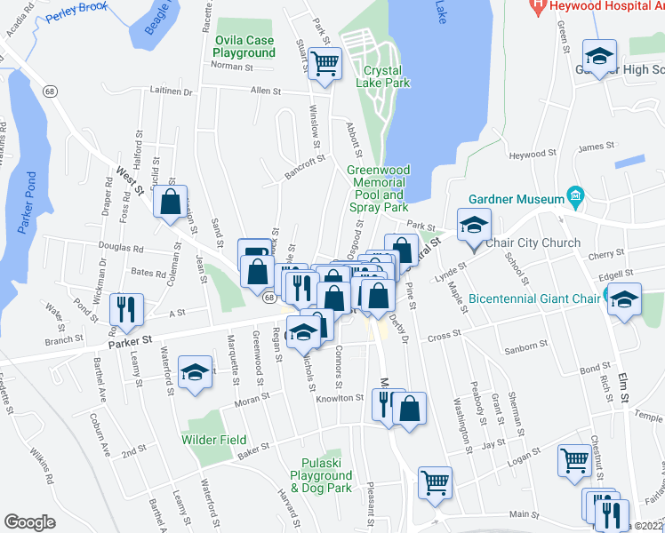 map of restaurants, bars, coffee shops, grocery stores, and more near 68 Graham Street in Gardner