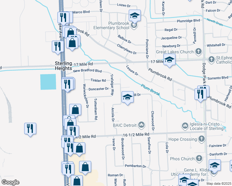 map of restaurants, bars, coffee shops, grocery stores, and more near 38544 Trafalgar Way in Sterling Heights