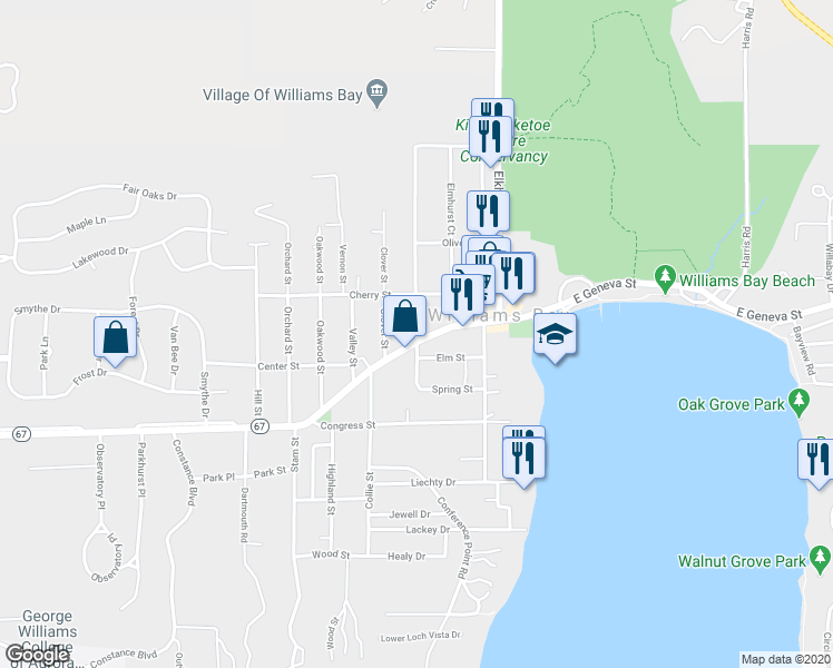 map of restaurants, bars, coffee shops, grocery stores, and more near 77 Williams Street in Williams Bay