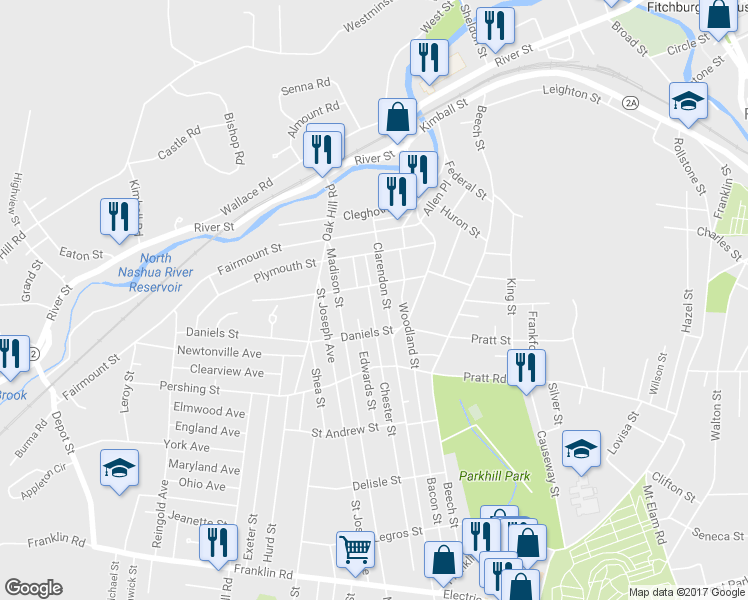 map of restaurants, bars, coffee shops, grocery stores, and more near 19 Chester St in Fitchburg