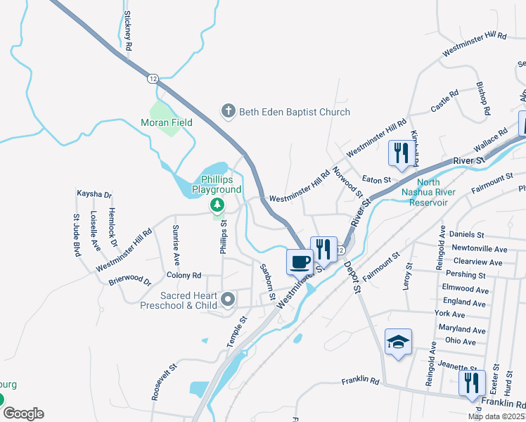map of restaurants, bars, coffee shops, grocery stores, and more near 187 Ashburnham Street in Fitchburg
