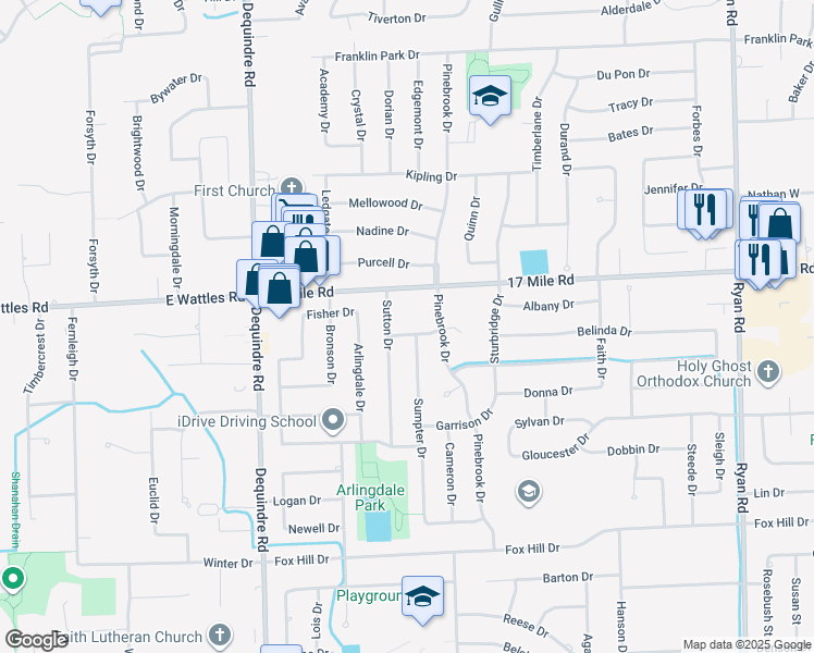 map of restaurants, bars, coffee shops, grocery stores, and more near 2621 Lotus Drive in Sterling Heights