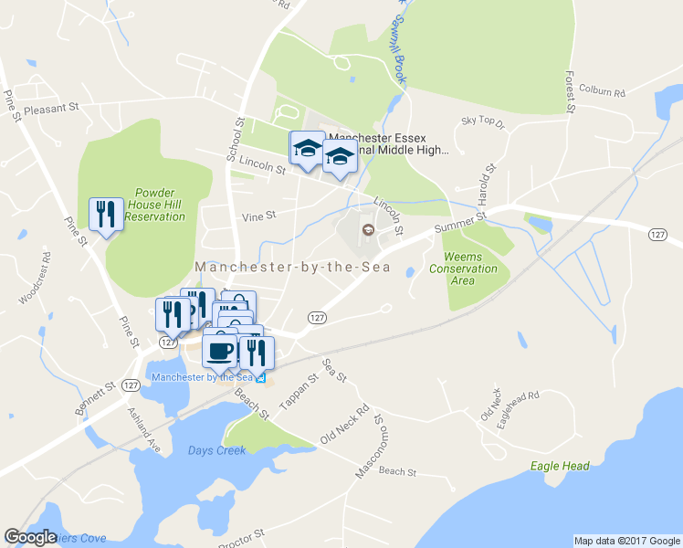 map of restaurants, bars, coffee shops, grocery stores, and more near 55 Brook Street in Manchester-by-the-Sea