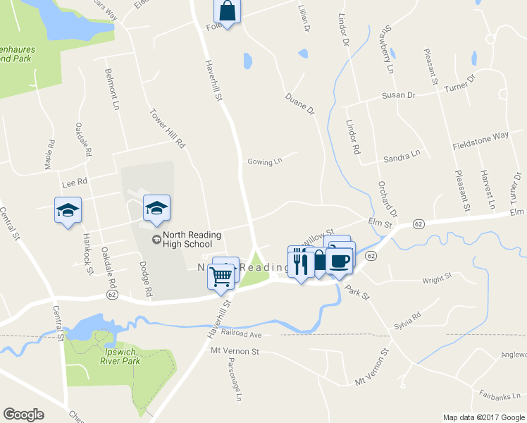 map of restaurants, bars, coffee shops, grocery stores, and more near 301 Elm Street in North Reading