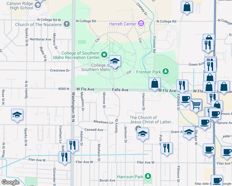 map of restaurants, bars, coffee shops, grocery stores, and more near 376 Falls Avenue in Twin Falls