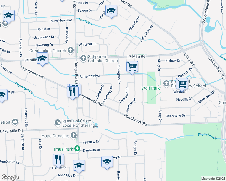 map of restaurants, bars, coffee shops, grocery stores, and more near 38524 Monterey Drive in Sterling Heights