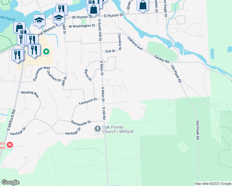 map of restaurants, bars, coffee shops, grocery stores, and more near 296 Gwendolyn Boulevard in Milford Charter Township
