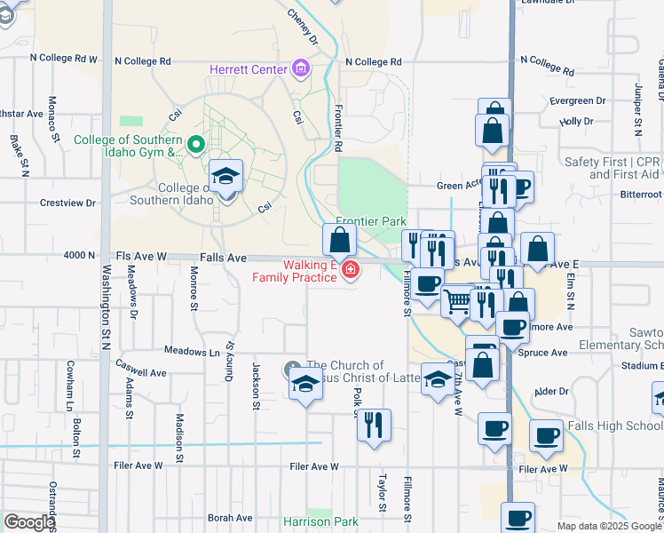 map of restaurants, bars, coffee shops, grocery stores, and more near 526 Falls Avenue in Twin Falls