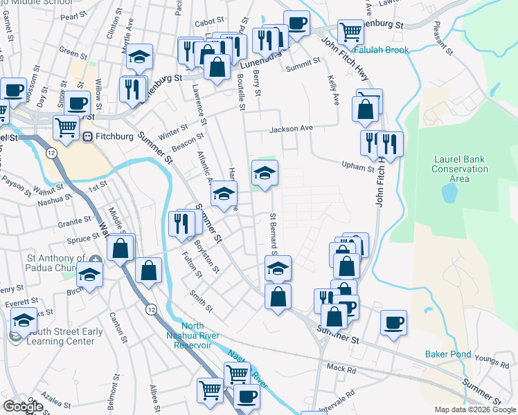 map of restaurants, bars, coffee shops, grocery stores, and more near 235 Boutelle Street in Fitchburg